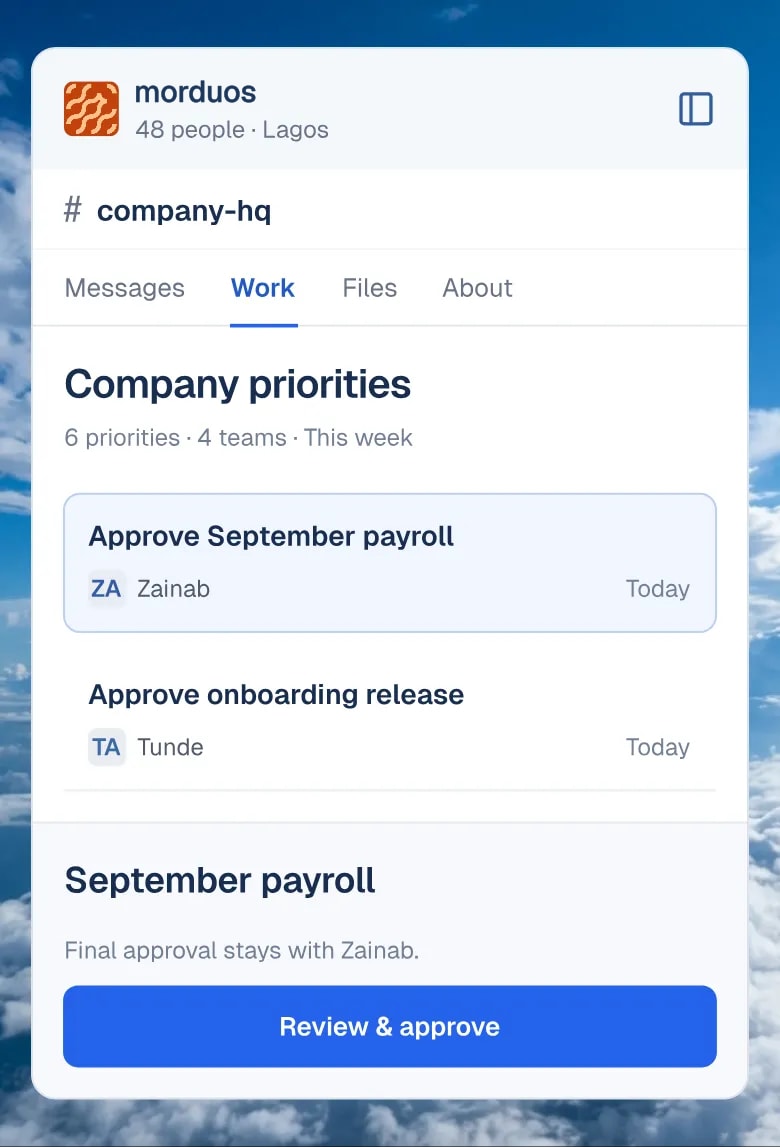 morduos mobile workspace showing company priorities and a payroll approval